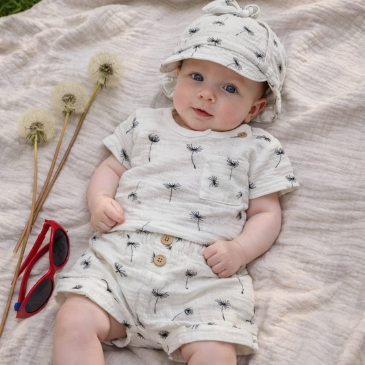 3 részes muszlin szett: póló + rövidnadrág + sapka (56–86) – pitypang mintával