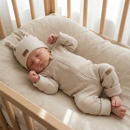 2 részes bordázott szett -rugdalózó + sapka, bézs