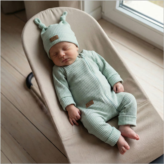 2 részes bordázott szett -rugdalózó + sapka, akvamarin, (56-68)