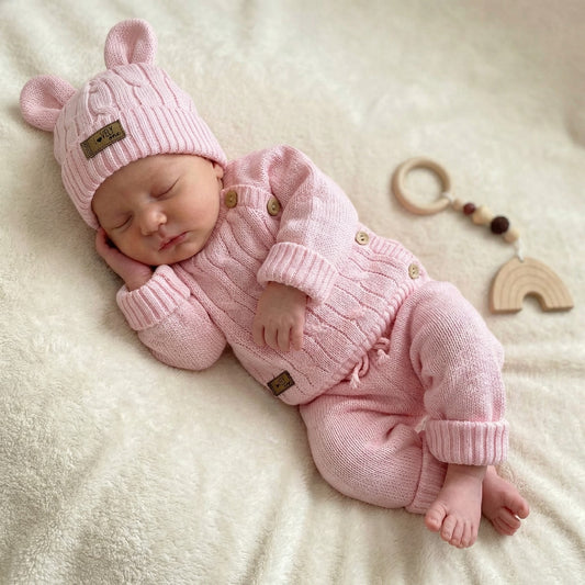 KAZUM 3 részes, a gyermekkel együtt növő kötött szett – pulóver, nadrág és sapka 56–86 méret, rózsaszín