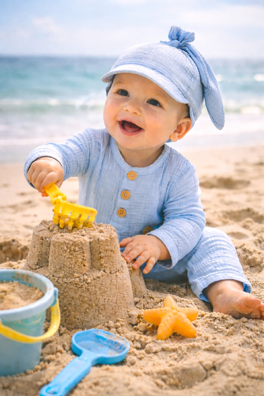 3 részes muszlin baba szett – hosszú ujjú felső, nadrág és nyári sapka, világoskék