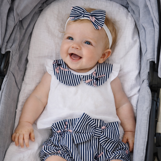 Nyári kislány szett – póló gallérral, bloomers és fejpánt