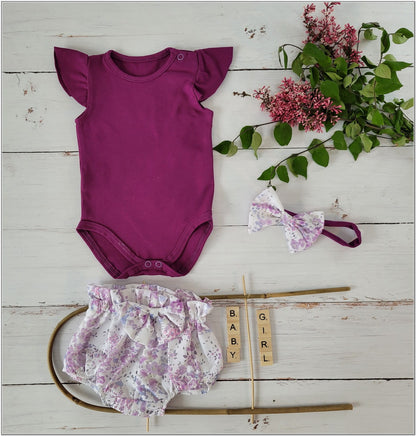 Nyári kislány szett – body, bloomers és fejpánt, lila