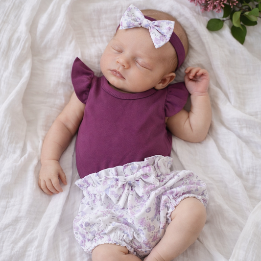 Nyári kislány szett – body, bloomers és fejpánt, lila