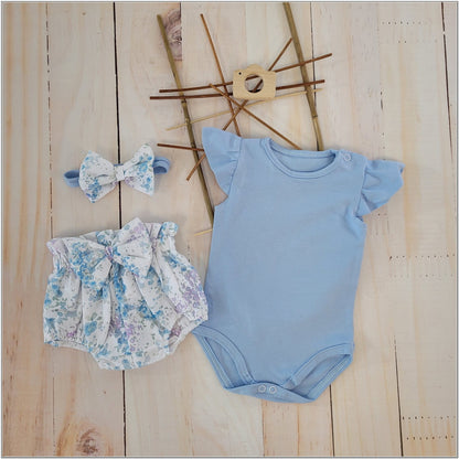 Nyári kislány szett – body, bloomers és fejpánt, világoskék