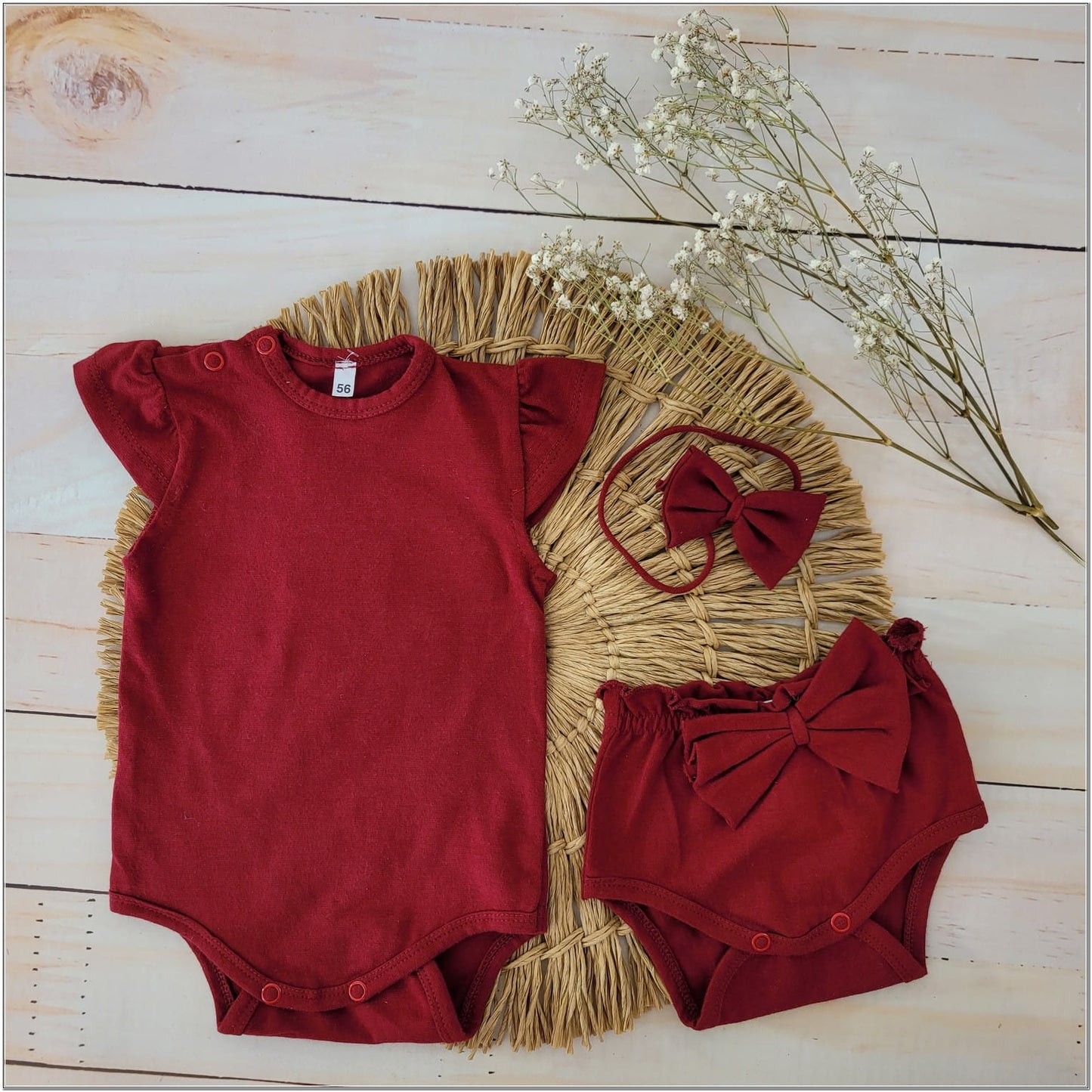 Nyári kislány szett – body, bloomers és fejpánt, bordó