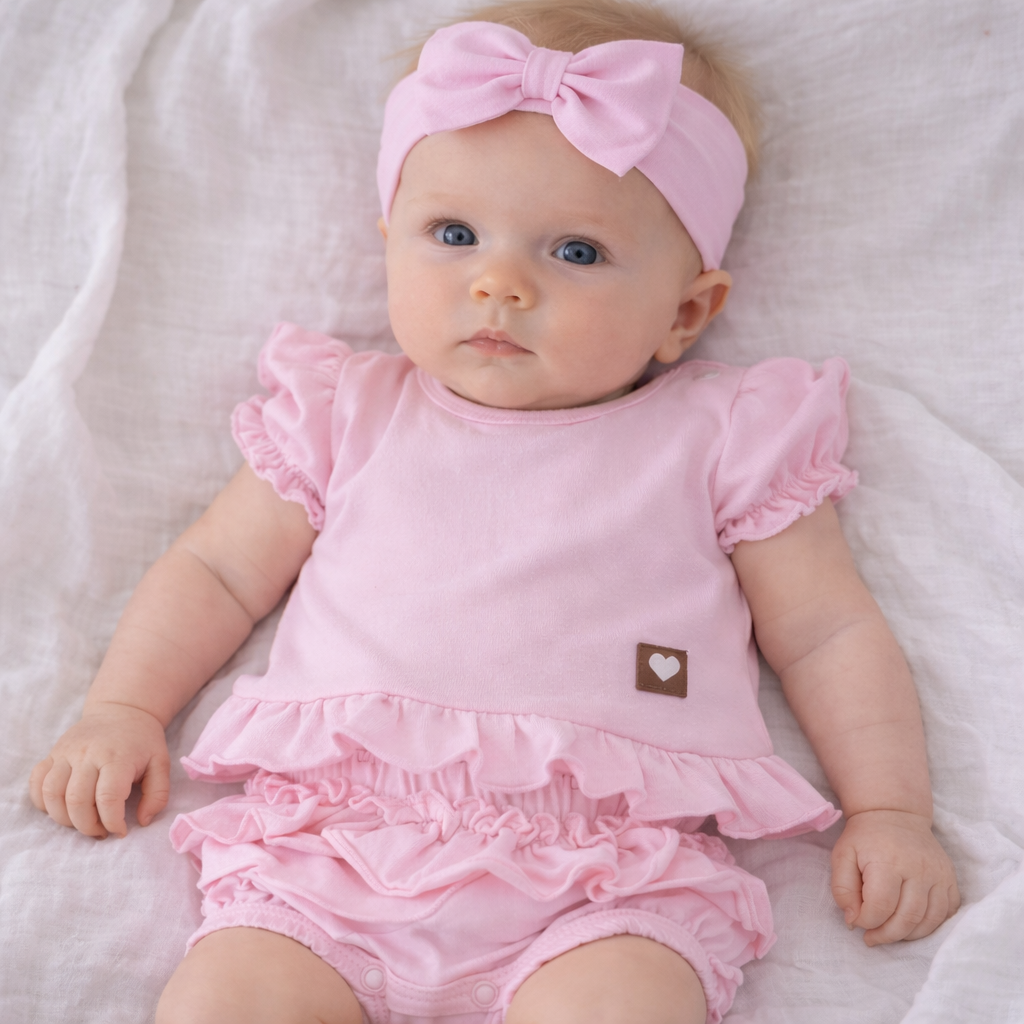 Nyári kislány szett – póló gallérral, bloomers és fejpánt, rózsaszín