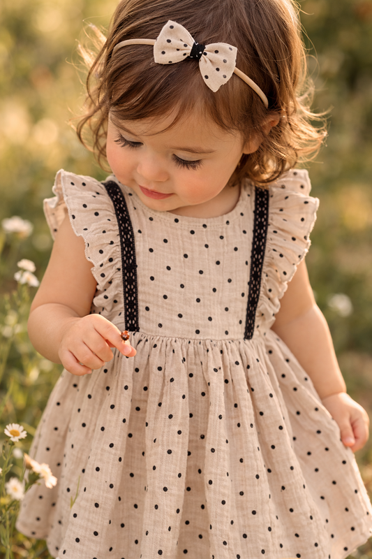 Muszlin ruha + fejpánt, bézs pöttyös