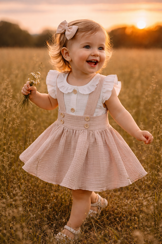 3 részes muszlin szett: body + pántos szoknya + fejpánt, 56–86 méret, bézs