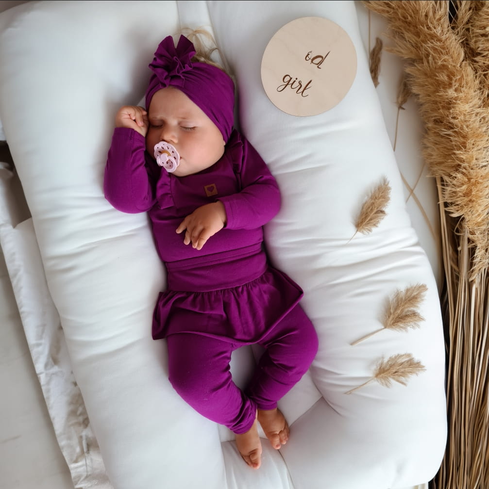 3 részes szett: body + leggings szoknyával + fejpánt, lila (56–86)