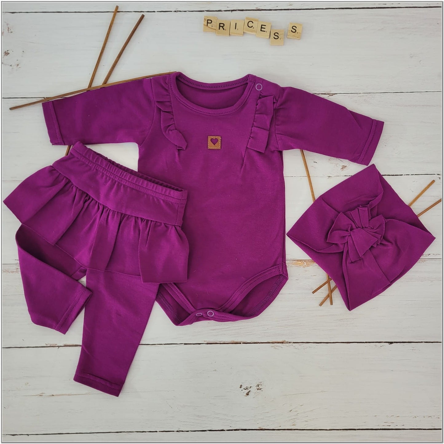 3 részes szett: body + leggings szoknyával + fejpánt, lila (56–86)