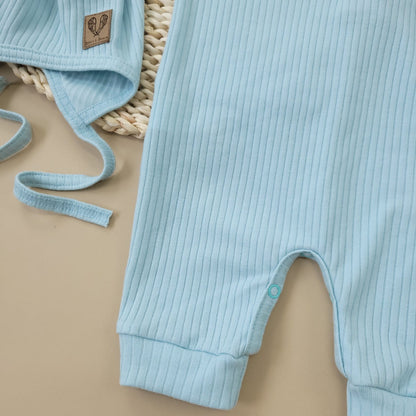 Gombos rugdalózó + megkötős sapka – 2 részes szett, világoskék