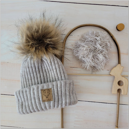 Téli sapka pomponnal 3 az 1-ben, bézs