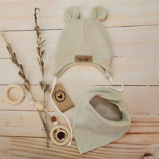 Megkötős bordázott sapka + kendő, olívazöld