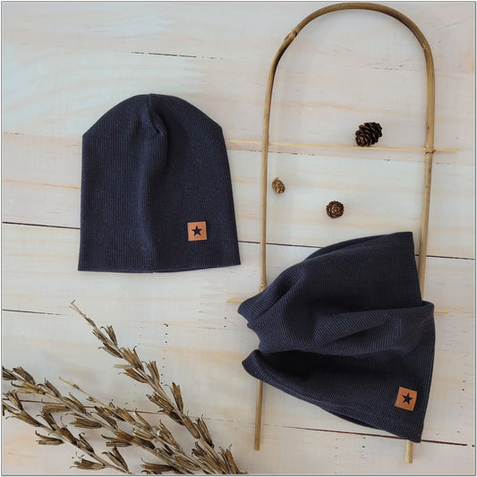 Kétrétegű bordázott baba sapka + csősál, méret 56–110, fekete