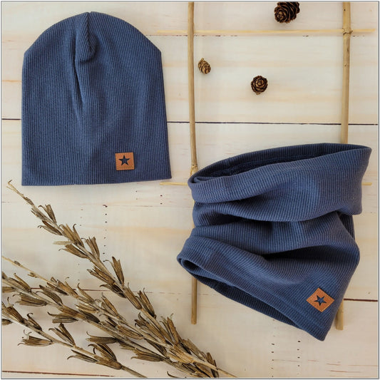 Kétrétegű bordázott baba sapka + csősál, méret 56–110, kék