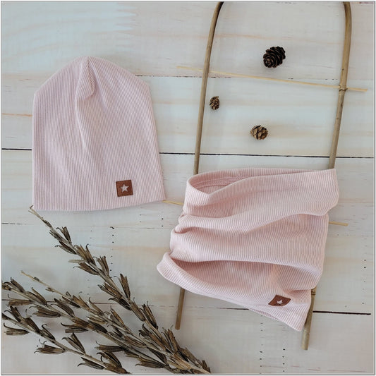 Kétrétegű bordázott baba sapka + csősál, méret 56–110, rózsaszín