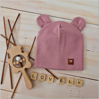 Kétrétegű baba sapka fülecskékkel, mályva