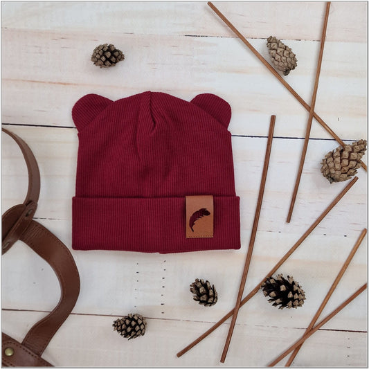 Dupla bordázott, rugalmas baba sapka fülecskékkel, bordó, 56-98