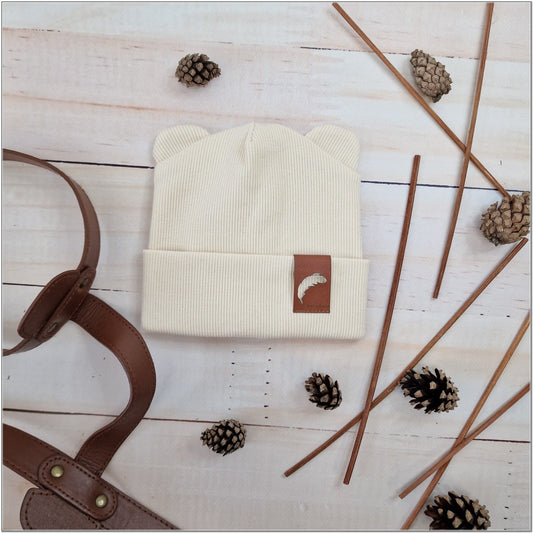 Dupla bordázott, rugalmas baba sapka fülecskékkel, ekrü, 56-98