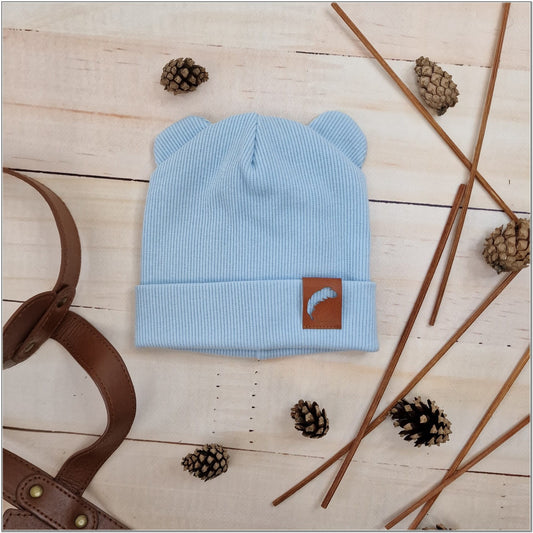 Dupla bordázott, rugalmas baba sapka fülecskékkel, kék, 56-98