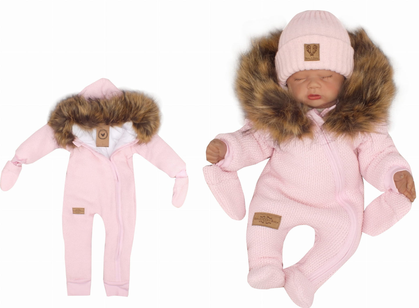 Bélelt téli overál kapucnival és kesztyűkkel, rózsaszín