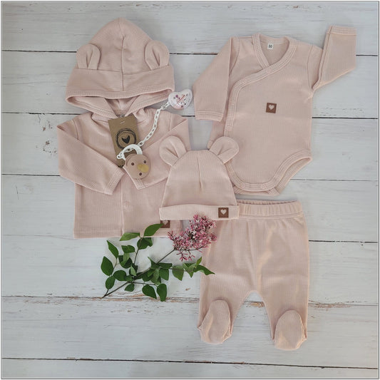 4 részes, bordázott, teljes kórházi újszülött szett (50–62), rózsaszín