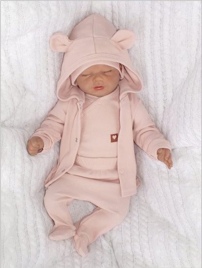 4 részes, bordázott, teljes kórházi újszülött szett (50–62), rózsaszín