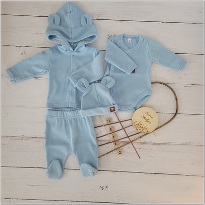 4 részes, bordázott, teljes kórházi újszülött szett (50–62), világoskék