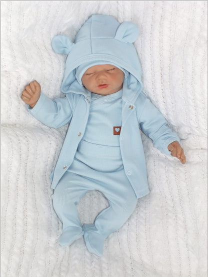 4 részes, bordázott, teljes kórházi újszülött szett (50–62), világoskék