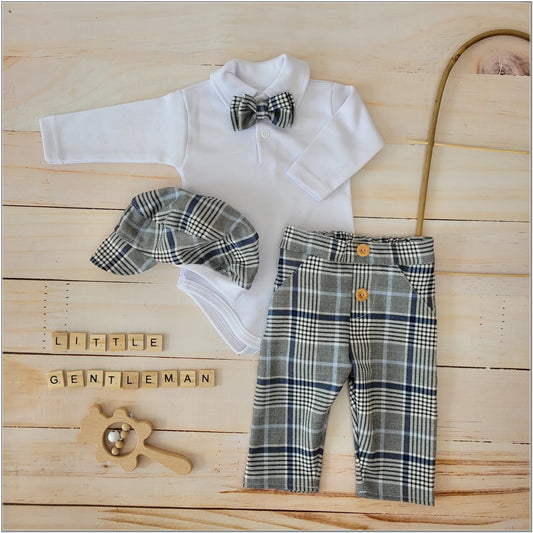 3 részes kockás ünnepi öltöny szett, szürke