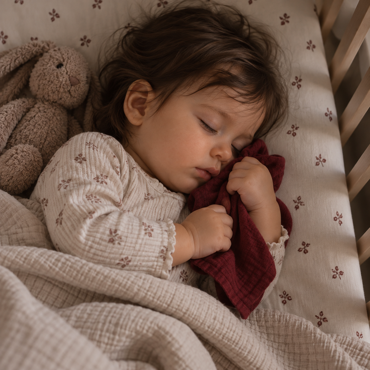 alvó kislány piros muszlin kendővel a kiságyban